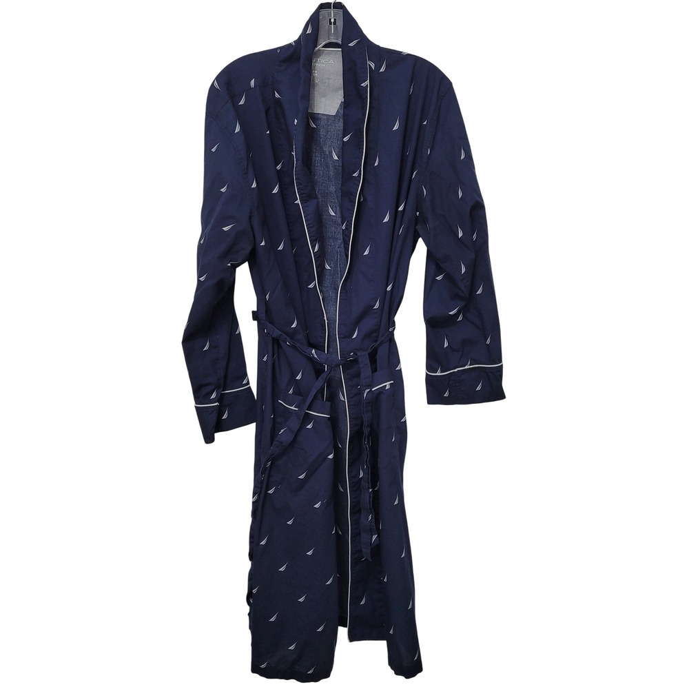 Nautica Robe Mens S/M Navy Blue Excellent Sailboat Monogram Cotton Sleepwear